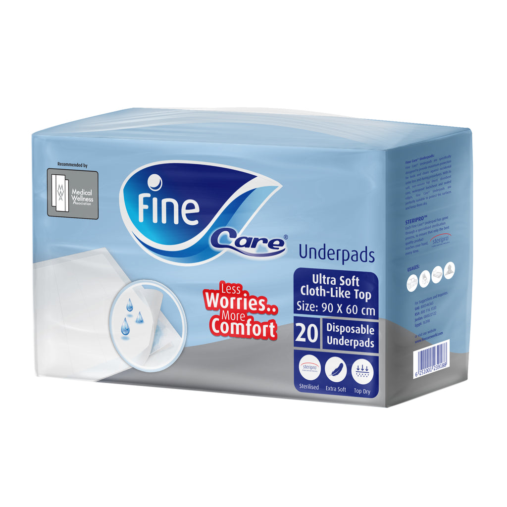Fine Care, Disposable Underpads, Ultrasoft Cloth-Like Top, Size 60 x 90 cm,  pack of 20